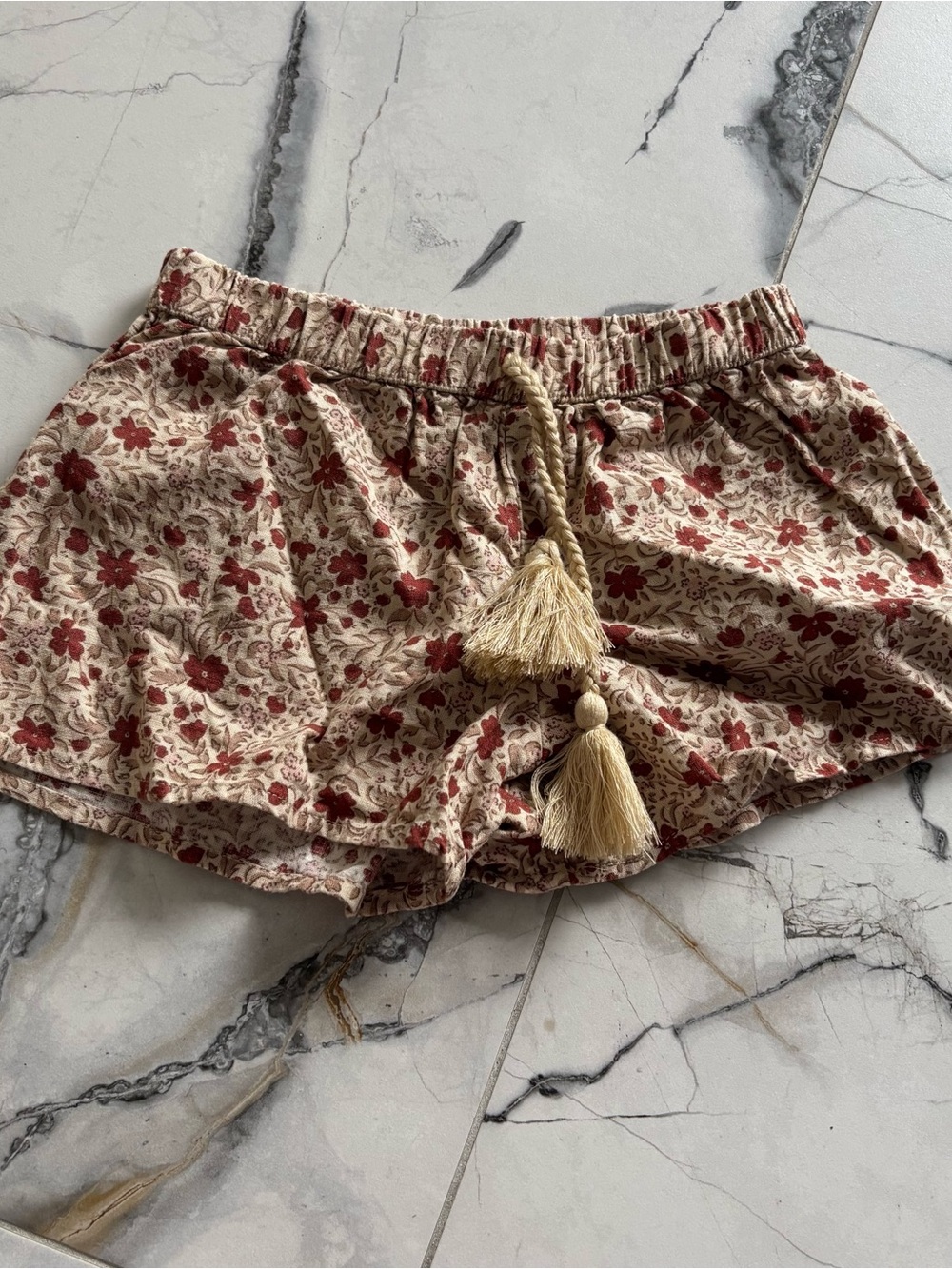 Rylee + Cru Cream Shorts with Red Floral Print and Tassel